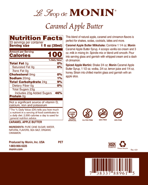 Monin Caramel Apple Butter Clean Label Premium Syrup, 1L.