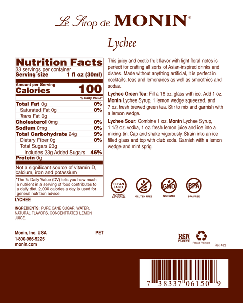 Monin Lychee Clean Label Premium Syrup, 1 L