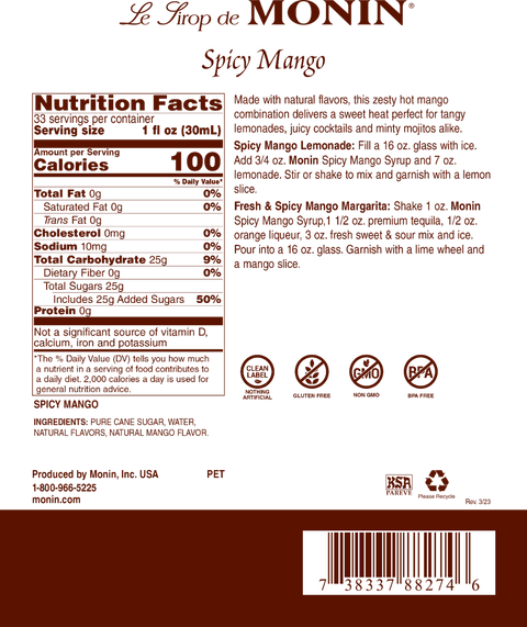 Monin Spicy Mango Clean Label Premium Syrup, 1L