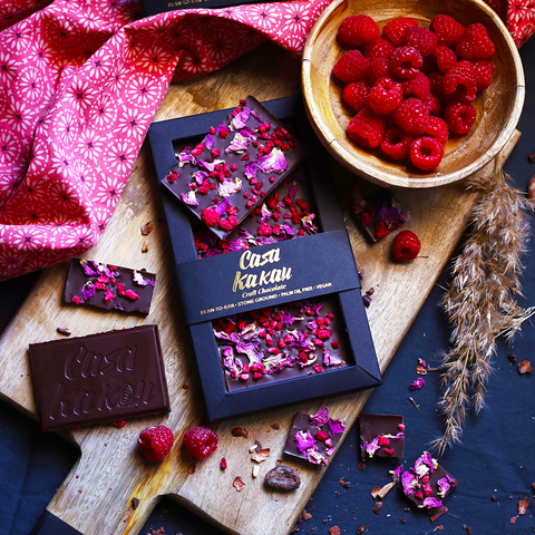 Casa Kakau Craft Bean-to-Bar Chocolate with Bulgarian Rose petals, Rose water and Raspberries