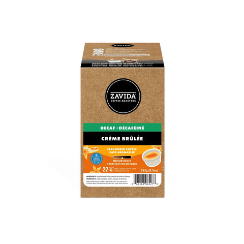 Bean Here Bean There Coffee & Cocoa Zavida Creme Brulee decaf medium roast coffee pods in a 22 count box