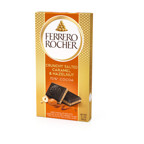 Ferrero Rocher Dark 70% Salted Caramel & Hazelnut Chocolate Bar, 90g.