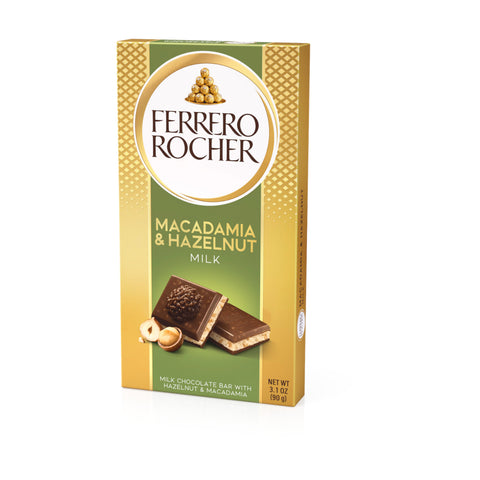 Ferrero Rocher Hazelnut & Macadamia Milk Chocolate Bar, 90.g