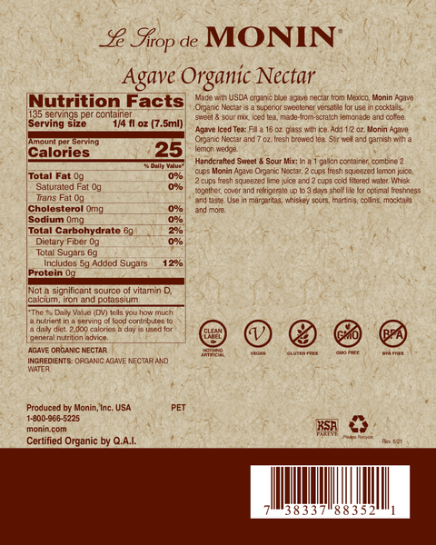 Monin Agave Organic Clean Label Nectar, 1 L