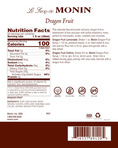 Monin Dragon Fruit Premium Clean Label Syrup, 1L
