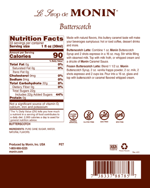 Monin Butterscotch Clean Label Premim Syrup, 1L.