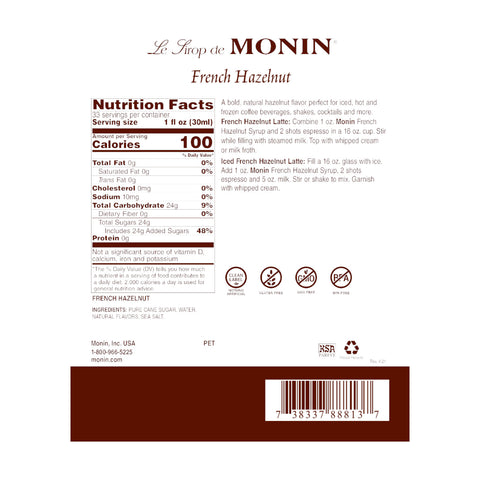 Monin French Hazelnut Clean Label Premium Syrup, 1L