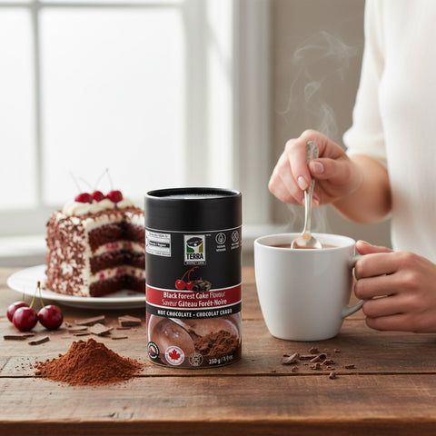 Bean Here Bean There Coffee & Cocoa Terra Black Forest Cake hot chocolate powder tin with a cup and cake slice