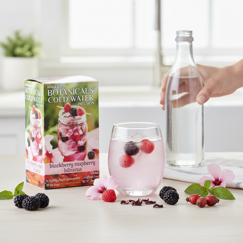 Bean Here Bean There Coffee & Cocoa Bigelow Botanicals blackberry raspberry hibiscus cold water infusion tea box