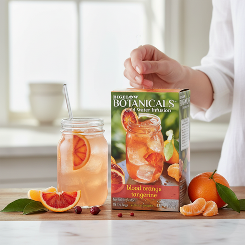 Bean Here Bean There Coffee & Cocoa Bigelow Botanicals blood orange tangerine tea box with iced glass and fresh fruit