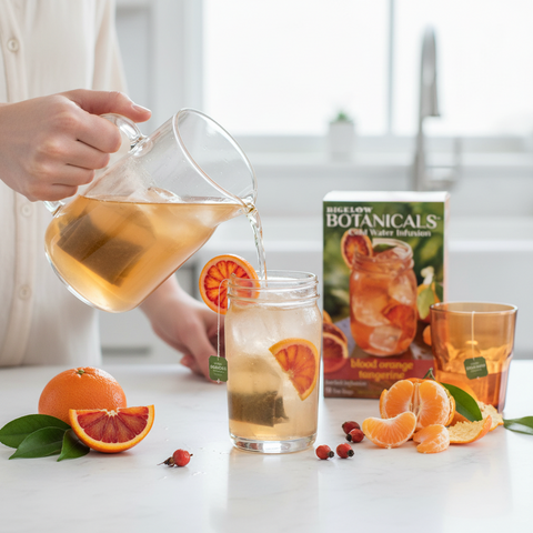 Bean Here Bean There Coffee & Cocoa Bigelow Botanicals blood orange tangerine tea being poured into a glass with ice