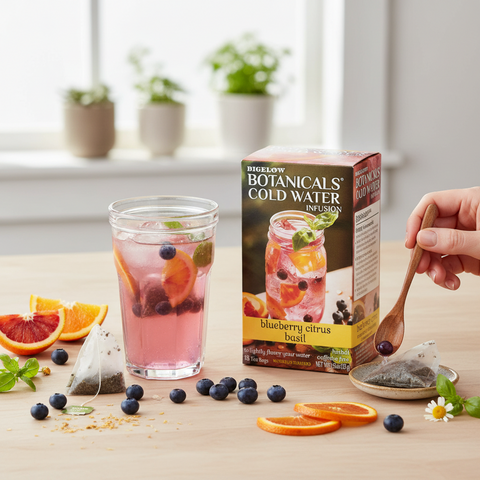 Bean Here Bean There Coffee & Cocoa Bigelow Botanicals blueberry citrus basil cold water infusion tea box and drink