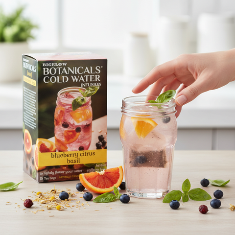 Bean Here Bean There Coffee & Cocoa Bigelow Botanicals blueberry citrus basil tea box with a glass of iced infusion