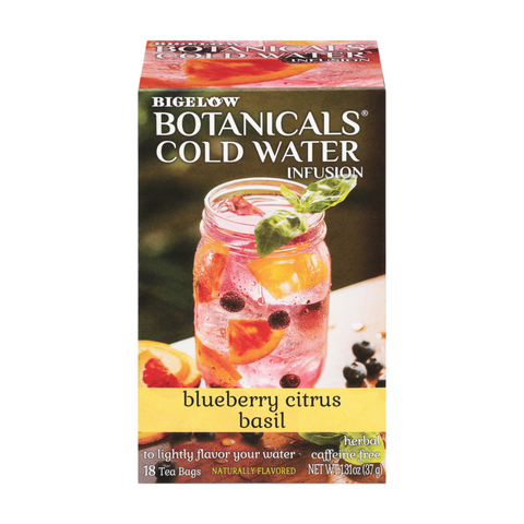 Bean Here Bean There Coffee & Cocoa Bigelow Botanicals Blueberry Citrus Basil cold water infusion tea box of 18 bags