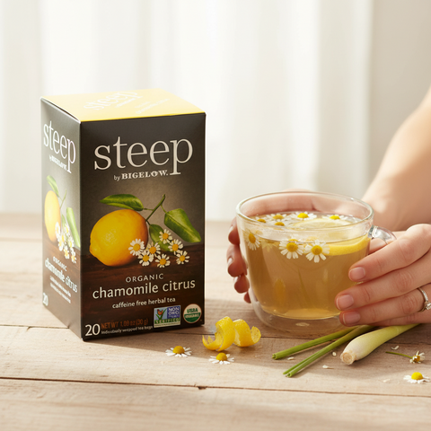 Bean Here Bean There Coffee & Cocoa Steep by Bigelow organic chamomile citrus tea box and a cup of herbal tea