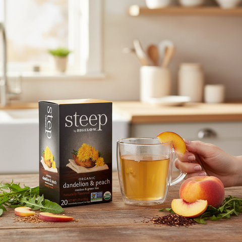 Bean Here Bean There Coffee & Cocoa Steep by Bigelow Organic Dandelion and Peach tea box with a glass of brewed tea.