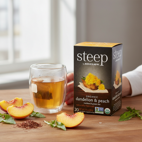 Bean Here Bean There Coffee & Cocoa Steep by Bigelow organic dandelion and peach tea box with a glass of brewed tea