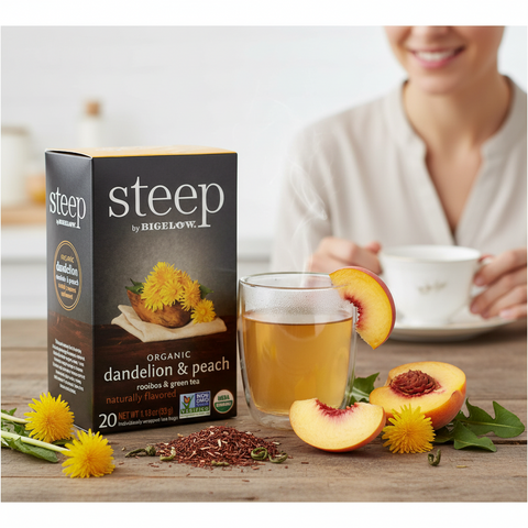 Bean Here Bean There Coffee & Cocoa Steep by Bigelow organic dandelion and peach tea box with a glass of brewed tea