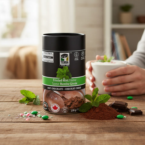 Bean Here Bean There Coffee & Cocoa Terra Frosted Mint hot chocolate tin with cocoa powder, mint leaves, and chocolate
