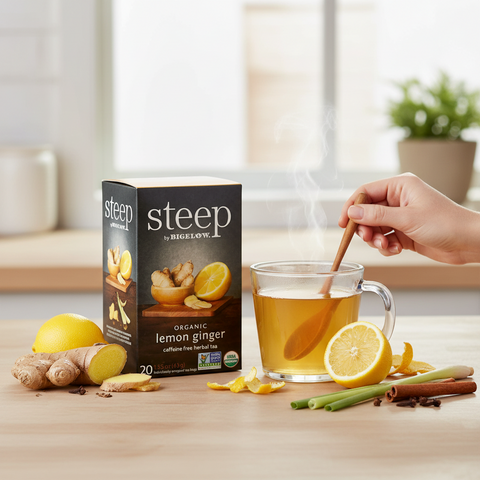 Bean Here Bean There Coffee & Cocoa Steep by Bigelow organic lemon ginger tea box with a steaming cup of herbal tea