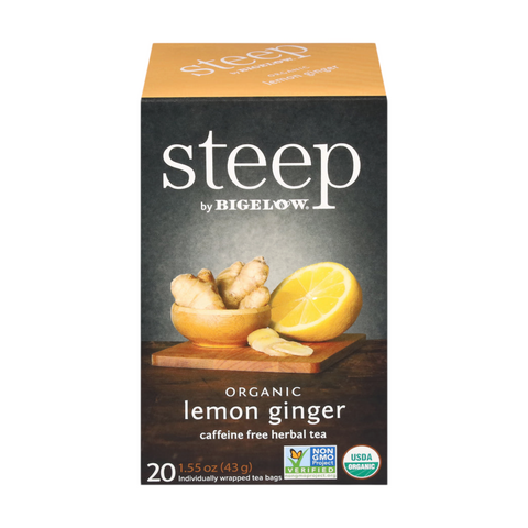 Bean Here Bean There Coffee & Cocoa Steep by Bigelow organic lemon ginger herbal tea box with 20 tea bags