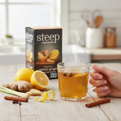 Bean Here Bean There Coffee & Cocoa Steep by Bigelow organic lemon ginger tea box with a steaming cup of herbal tea