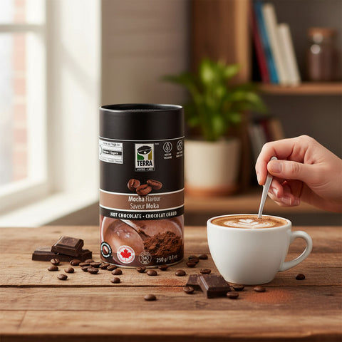 Bean Here Bean There Coffee & Cocoa Terra Mocha hot chocolate powder canister next to a cup of latte art on wood