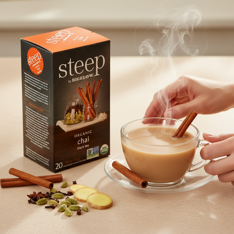 Bean Here Bean There Coffee & Cocoa Steep by Bigelow organic chai black tea box with a steaming cup and spices