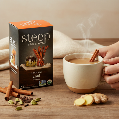 Bean Here Bean There Coffee & Cocoa Steep by Bigelow organic chai black tea box with a steaming mug of spiced tea