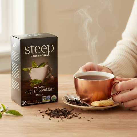 Bean Here Bean There Coffee & Cocoa Steep by Bigelow organic English Breakfast tea box with a steaming copper mug