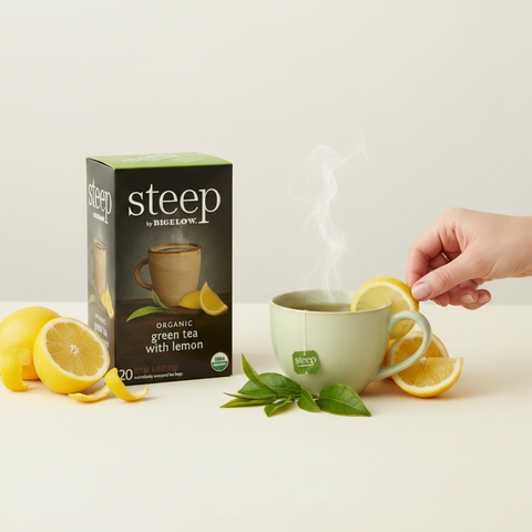 Bean Here Bean There Coffee & Cocoa Steep by Bigelow organic green tea with lemon box and steaming cup with lemon