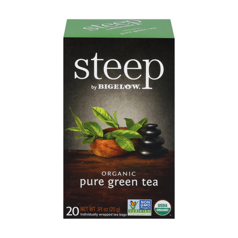Bean Here Bean There Coffee & Cocoa Steep by Bigelow organic decaffeinated green tea box with 20 tea bags