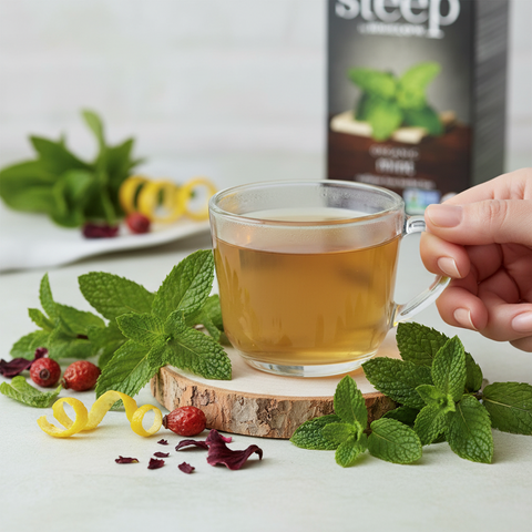 Bean Here Bean There Coffee & Cocoa Steep Organic Mint Herbal Tea in a glass cup with fresh mint, rose hips, and lemon