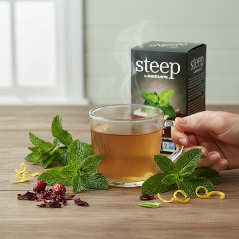 Bean Here Bean There Coffee & Cocoa Steep Organic Mint Herbal Tea in a glass mug with fresh mint, rose hips, and lemon