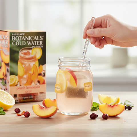 Bean Here Bean There Coffee & Cocoa Bigelow Botanicals peach lemonade acai tea bag infusing in a glass of cold water