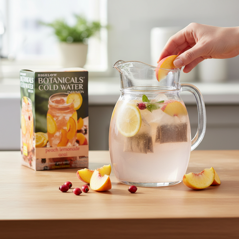 Bean Here Bean There Coffee & Cocoa Bigelow Botanicals peach lemonade acai tea infusion in a glass pitcher with ice