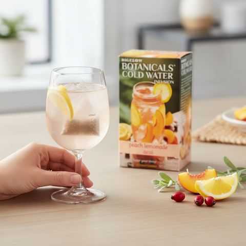 Bean Here Bean There Coffee & Cocoa Bigelow Botanicals peach lemonade acai tea infusion in a glass with ice and lemon