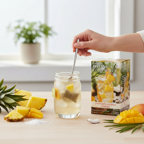 Bean Here Bean There Coffee & Cocoa Bigelow Botanicals pineapple coconut mango cold water infusion tea in a glass