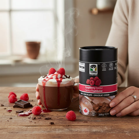 Bean Here Bean There Coffee & Cocoa Terra Raspberry dark hot chocolate powder next to a mug with whipped cream