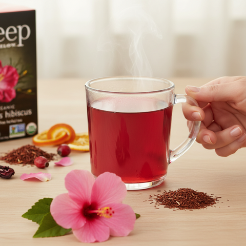 Bean Here Bean There Coffee & Cocoa Steep by Bigelow organic rooibos hibiscus tea in a glass mug with fresh flowers.