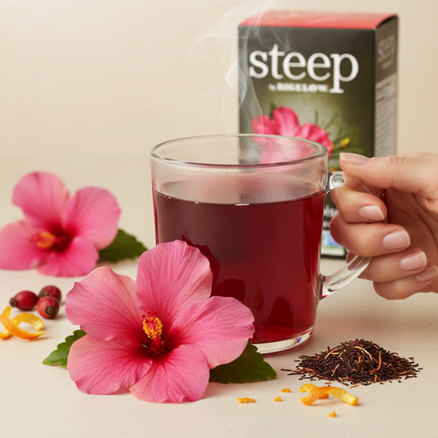 Bean Here Bean There Coffee & Cocoa Steep by Bigelow organic rooibos hibiscus tea in a glass mug with fresh flowers