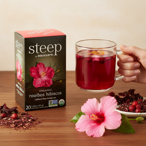 Bean Here Bean There Coffee & Cocoa Steep organic rooibos hibiscus tea box with a glass of ruby red herbal tea