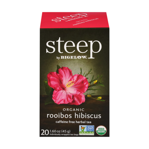 Bean Here Bean There Coffee & Cocoa Steep by Bigelow organic rooibos hibiscus herbal tea box with 20 tea bags