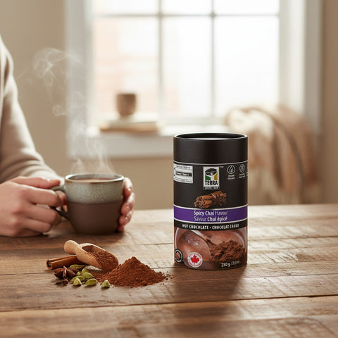 Bean Here Bean There Coffee & Cocoa Terra Spicy Chai hot chocolate powder tin with cinnamon, star anise, and cocoa.
