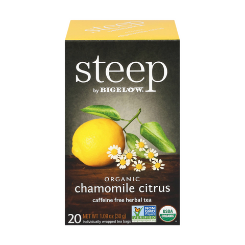 Bean Here Bean There Coffee & Cocoa Steep by Bigelow organic chamomile citrus herbal tea box with lemon and flowers