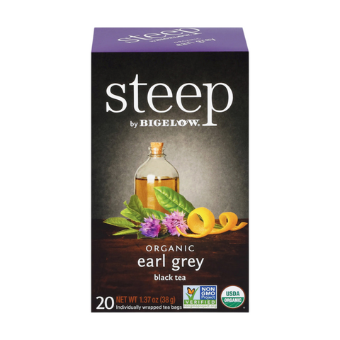 Bean Here Bean There Coffee & Cocoa Steep by Bigelow organic Earl Grey black tea box with bergamot and tea leaves