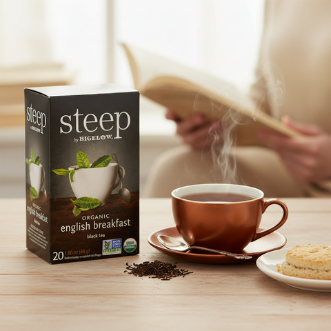 Bean Here Bean There Coffee & Cocoa Steep by Bigelow organic English Breakfast tea box with a steaming cup of tea
