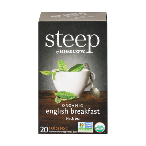 Bean Here Bean There Coffee & Cocoa Steep by Bigelow organic English Breakfast black tea box with 20 tea bags
