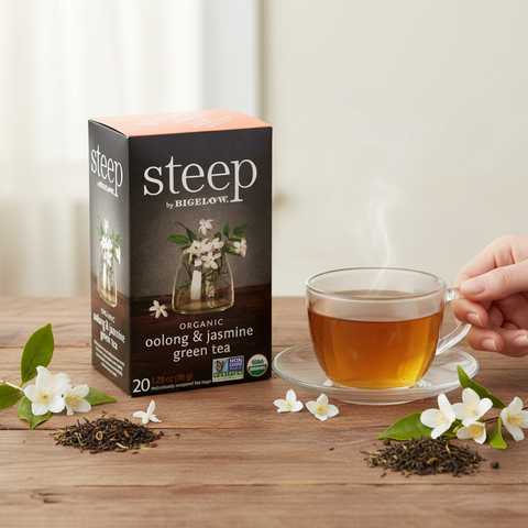 Bean Here Bean There Coffee & Cocoa Steep by Bigelow organic oolong and jasmine green tea box with a steaming cup
