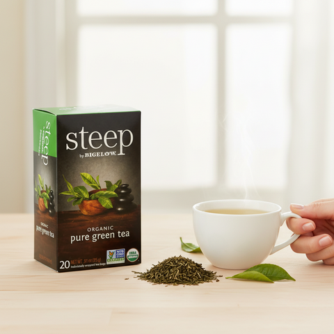 Bean Here Bean There Coffee & Cocoa Steep by Bigelow organic decaffeinated green tea box with a cup of hot tea